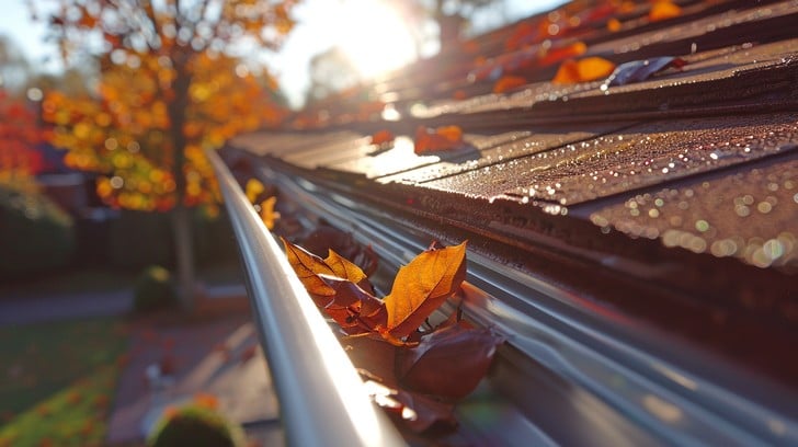 A close-up image of a gutter filled with fallen leaves, highlighting the potential dangers of clogged gutters