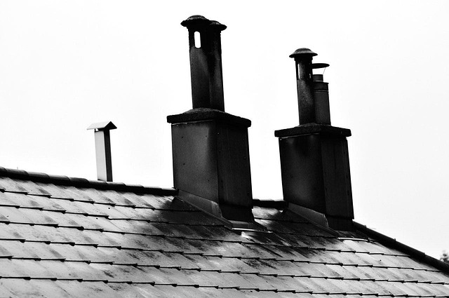 A black and white image of a sloped shingle roof with multiple chimneys